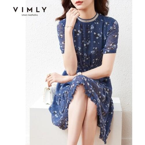 VIMLY Summer Floral Dress For Women Fashion New Round Neck Elastic Waist Chiffon Dresses Elegant Womens Ruffles Dress F7113