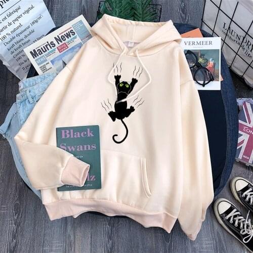 Hoody Funy Black Cats Cartoon Hoodies Female Fashion Korean WomenS Winter Clothing Oversized Fleece Women Sweatshirts With Hood
