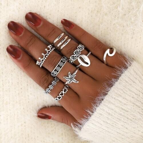 Bohemia 11pcs/Set Fashion Geometric for Women ColorWave Flowers Starfish Rings Wedding Party Jewelry New