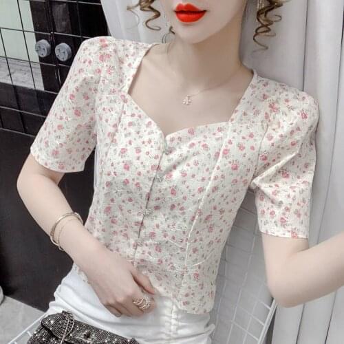 2021 summer new design floral shirt short puff sleeve shirt western style all-match blouse female tide