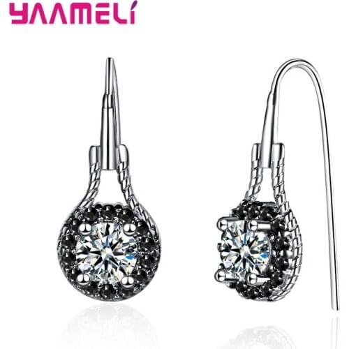 Korean Style 925 Sterling Silver Black Crystal Hoop Earrings For Women Girls Wedding Vintage Jewelry Wholesale