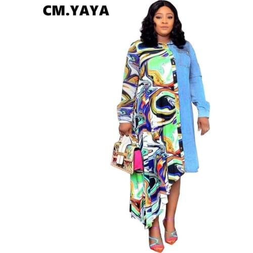 CM.YAYA Women Plus Size Patchwork Chiffon and Denim Full Sleeve Loose Asymmetrical Dresses Fashion Outfit Summer Vestidos 2021