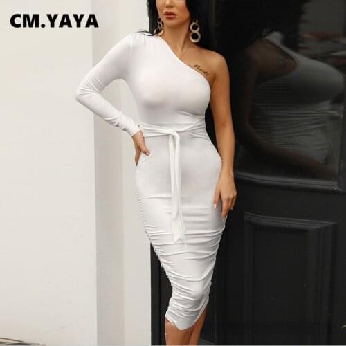 CM.YAYA Women Party Dress Solid One Shouder Stacked Bandage Skinny Dresses Sexy Elegant Evening Vestidos Autumn Outfits Fashion