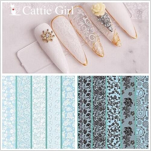 10 Sheets 2.5*50cm Nails Foil Black White Lace Flower Macrame Stickers Manicure Nail Art Transfer Paper Nails Art Decals