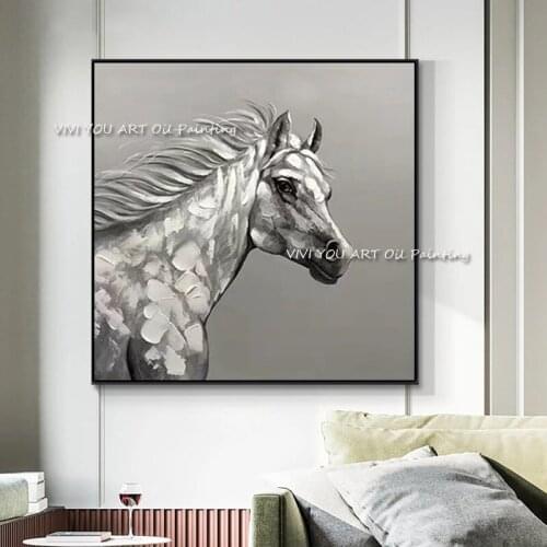 100% Handmade Modern Cute Animal Horse oil painting Canvas Large Size Wall White Art for Living Room Home Living Room Decoration