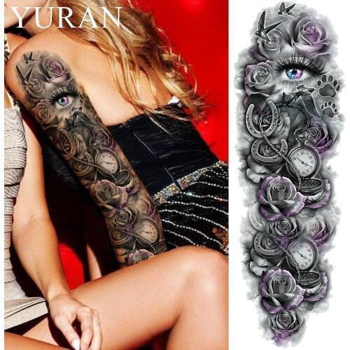 3D Purple Flower Eye Lock Water Transfer Tattoo Women Full Arm Body Art Temporary Tattoo Stickers Girls Shoulder Tatto Big Decal