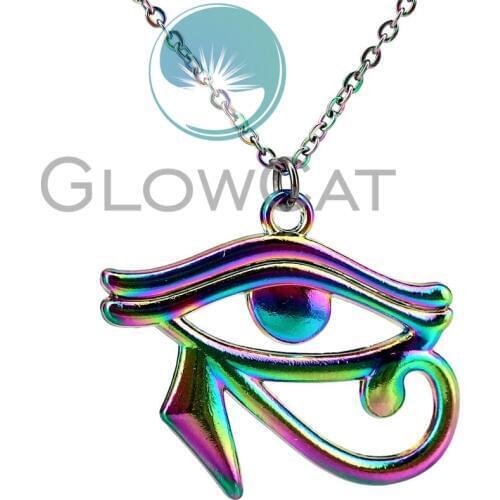 Rainbow Color Egyptian Eye of Horus Ra Amulet Pendant 20" Collar Steel Chains Necklace Jewelry for Women Girl Gifts