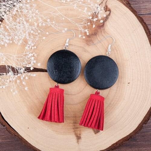 8Seasons Velvet Faux Suede Red Tassel Earrings Hook Round Silver color Black 67mm(2 5/8")x 27mm,1 Pair Hot new