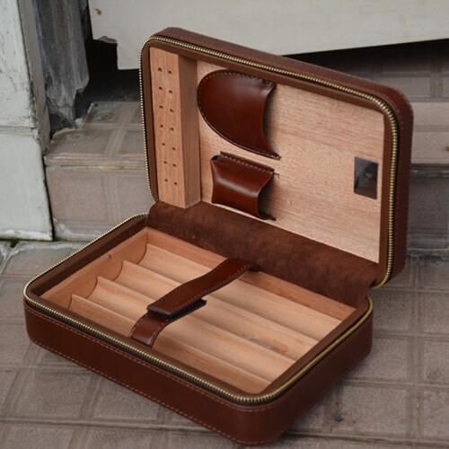 COHIBA Travel Cigar Case Box Leather and Cedar Wood Humidor with Free Cutter