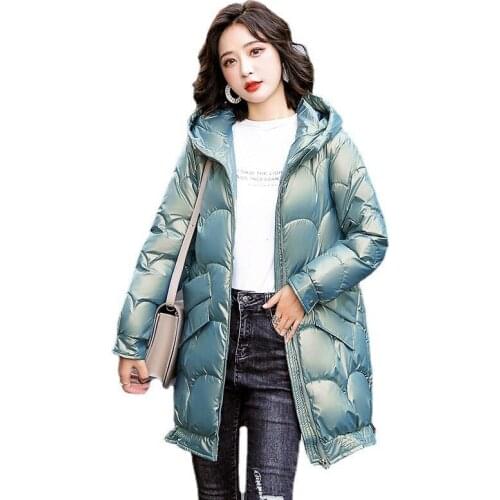 Glossy No Wash Mid-length Down Cotton Coat Women 2022 Winter New Korean Loose Outer Wear Fashion Hooded Thick Padded Coat LR1906