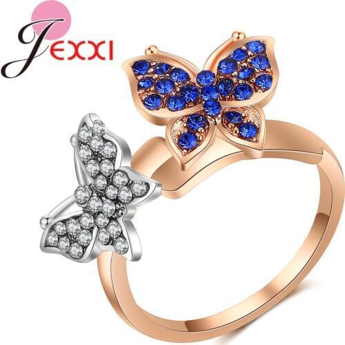 Exquisite New Arrivals Double Butterflies Shaped Rose Gold Ring Design Filled 5A Shining Rhinestones Women Jewelry