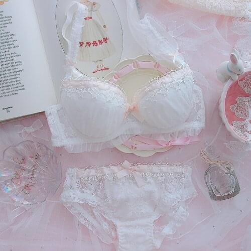 Wriufred Sweet lace princess girl lingerie underpants heart cute loli small chest gathered bra sexy steel ring underwear set