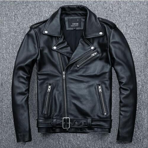 Mens Real Leather Motorbike Motorcycle Classic Biker Jacket Black Genuine Leather 100% Natural Calf Skin Winter Autumn Coat