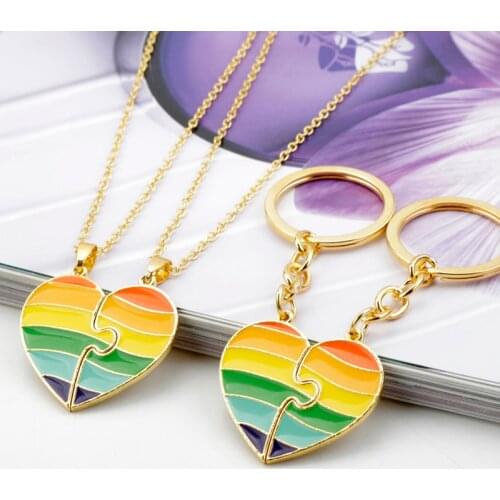 LGBT Gay Lesbian Creative Heart Rainbow Couple Metal Enamel Pendant Necklaces keychains Jewelry Gift