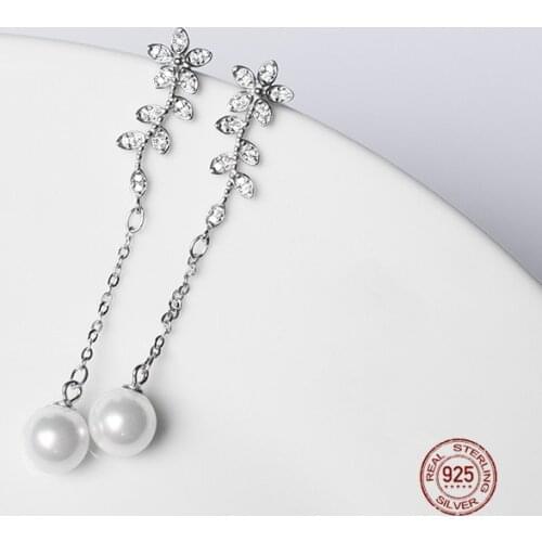 LKO 925 Sterling Silver Simple Elegant Pearl Tassels Pendant Earrings For Woman New Fashion Jewelry Party Earrings Accessories