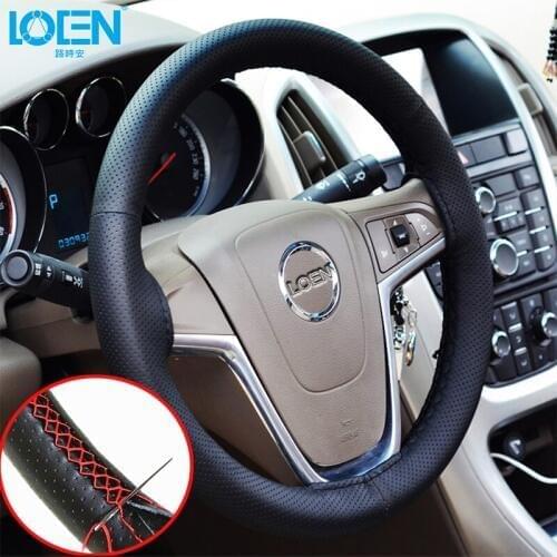 LOEN 1PC Hand Sewn Leather Steering Wheel Cover 38CM for Toyota Hyundai Chevrolet Audi Honda Peugeot Lada Skoda Kia