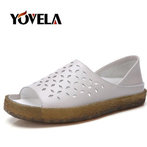 Women Genuine Leather Sandals Shoes Breathable Hollow out Flat Sandals Ladies Casual Soft bottom Summer Shoes Women Beach Sandal