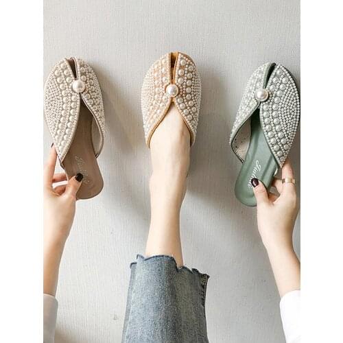 Pearl slippers female spring and autumn wear 2021 new elegant style fashion all-match flat-bottomed Baotou half drag