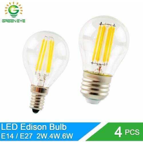 GreenEye 4pcs/lot LED Bulb E27 E14 G45 AC 220V 2W 4W 6W LED Glass Ball Bulb Edison lamp Antique Retro Vintage Led Filament Light