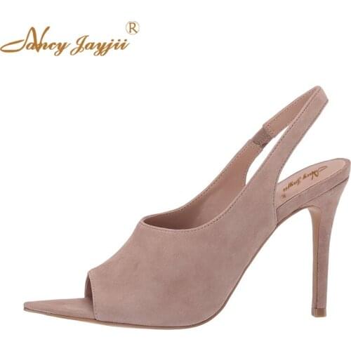 Nancyjayjii Solid Nude Slingbacks Flock Pointed Peep Toe Elastic Strap Thin High Heels Elegant Sweet Dress Sandals Women Shoes