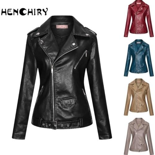 HENCHIRY Women Leather Clothes Spring and Autumn New Arrivals Slim Fashion Faux Y2k Jacket Zipper Jacket Suit Collar Biker Coat