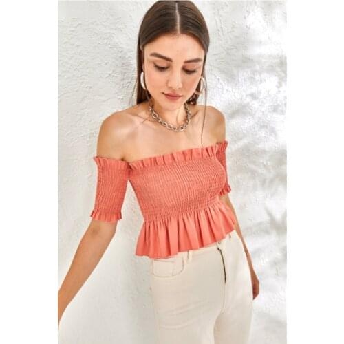 2021 Womens Gipe Modanna Collar Salmon Color Fashion Crop Top Casual Summer Blouse