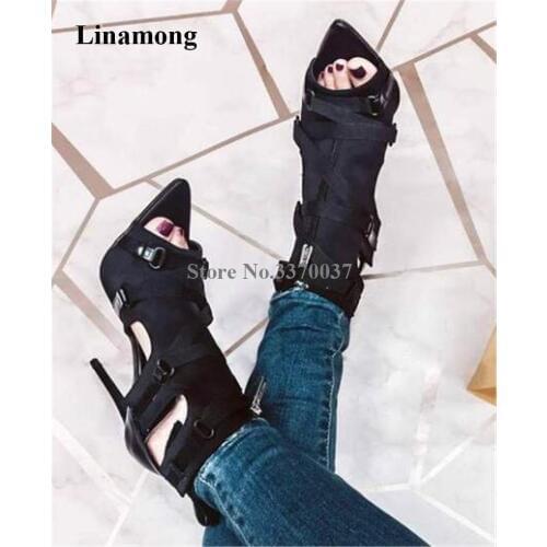 Women Fashion Pointed Open Toe Buckles Decorated Stiletto Heel Short Gladiator Boots Cut-out Snake Leather High Heel Ankle Boots