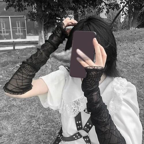 Harajuku Punk Black Spider Web Gloves Cosplay Women Half Finger Length Sleeve Gothic Fingerless Lace Mesh Mittens Streetwear