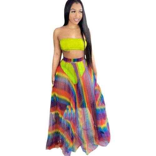 Cover Up Bikini Skirt Set Women Swimwear Tank Crop Tops Bathing Suit Summer Color Mesh Patchwork Pleated Skirt Swimsuit Cover Up