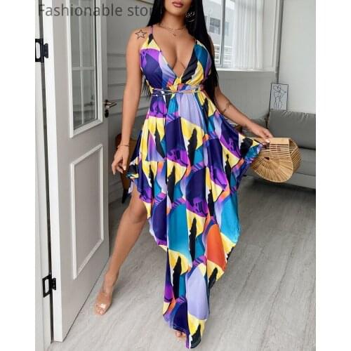 Women Sexy Deep V Neck Open Back Irregular Maxi Dress