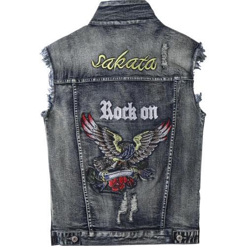 Mens Motorcycle Biker Denim Vest Embroidery Eagle Patch Punk Rock Waistcoat Fashion Hole Jean Sleeveless Jackets Coat For Men