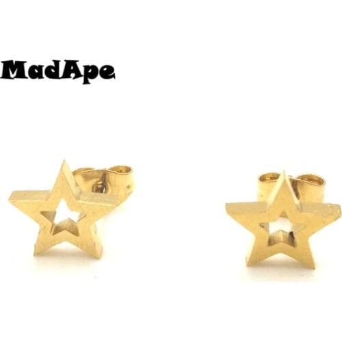MadApe 2019 Fashion Hollow Star Stud Earrings Gold Color Stainless Steel 10mm Women Earrings For Man Jewelry