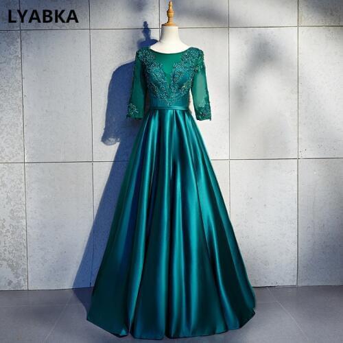 Satin With Appliques Evening Dress Three Quarter Robe de Soiree Scoop Neck Evening Dresses Long Dress 2019 Vestido De Festa