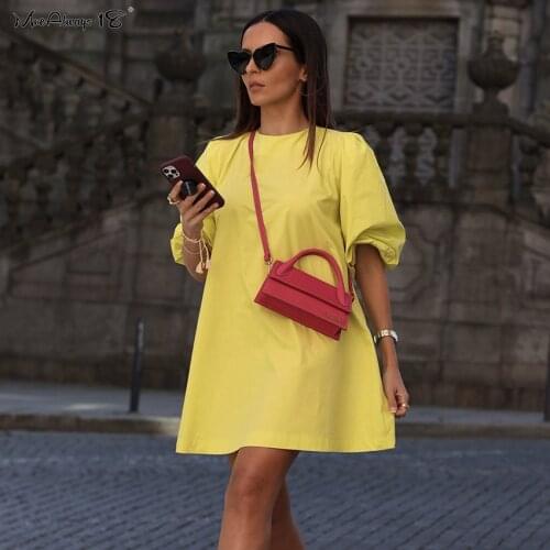 Mnealways18 Elegant Lavender Lantern Sleeve Dress Women O-Neck Loose Dresses Yellow A-Line Mini Half Sleeve Cotton Dress Ladies