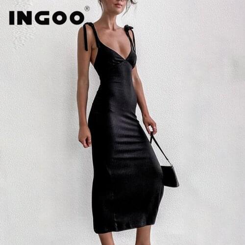 INGOO 2021 Summer Hem Open Fork Dress Side Split Elegant Party Dresses Women V Neck Sleeveless Backless Asymmetrical Strap Dress