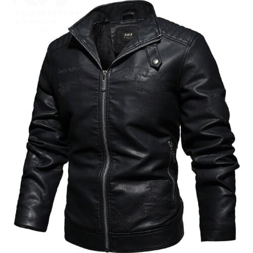 Man high quality faux leather biker jacket with patches winter warm motorcycle racer outerwear fleece lined thick tops clothing