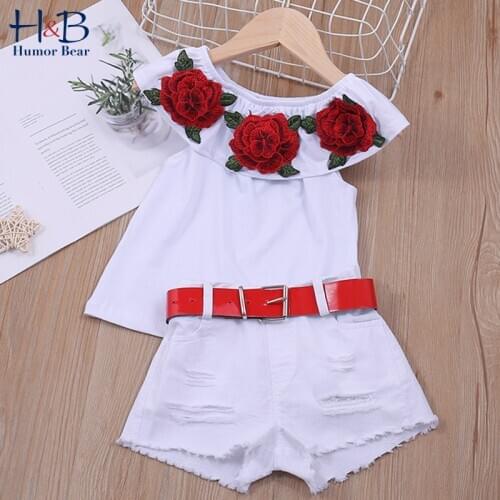 Humor Bear Summer Girl Suit New ChildrenS One-Neck Rose Flower Blouse Ripped White Shorts Suit Baby Kids Clothing Sets