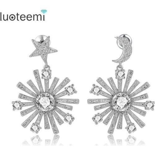 LUOTEEMI Luxury Star&Moon Design Inlay Shiny Tiny AAA+ Cubic Zirconia Bride White Gold-Color Jewelry Wedding Drop Earrings