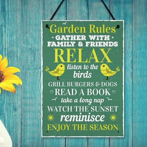 Meijiafei Garden Rules Novelty Wall Plaque Garden Shed Summer House Friendship Sign 8.3"x 11.7"