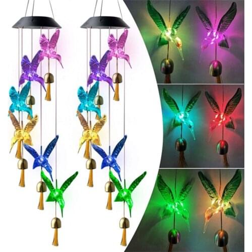 Color Changing Solar Power Wind Chime Crystal Ball Hummingbird Butterfly Waterproof Outdoor Windchime Light Chandelier THB5201