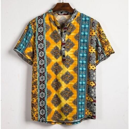 2020 Summer New Mens National Style Shirt Short Sleeve Lapel Button Down Shirt Fashion Loose Casual Hawaiian Shirts