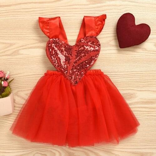Baby Girls Sequins Love One-Piece Dress for Toddler Red Lace Valentines Day Tutu Strap Dresses Infant Party Princess Vestidos