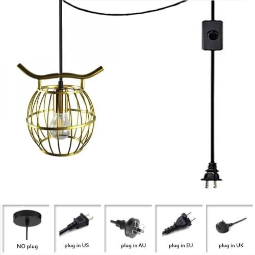 Wrought Iron Gold Bird Cage Pendant Light Vintage Adjustable Plug In Pendant Lamp Fixture Pendant Light with Plug