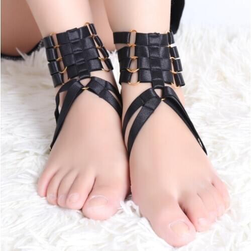 Ankle Belts Black Cage Foot Strappy Suspender Metal Ring Bandage Body Harness Garter Accessories Punk Women Party Rave Plus Size
