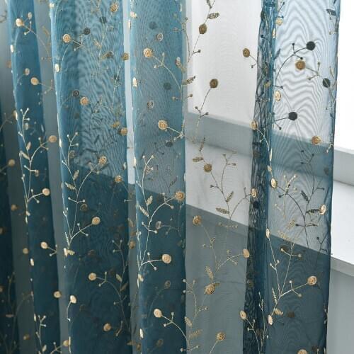 Luxury Blue Embroidered Tulle curtains Sheer For Living Room Bedroom Window Door Curtain Treatment