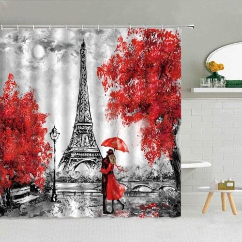 Retro Paris Tower Street View Couple Umbrella Shower Curtain High Quality Frabic Bathroom Supplies Decor With Hook Cloth Curtain