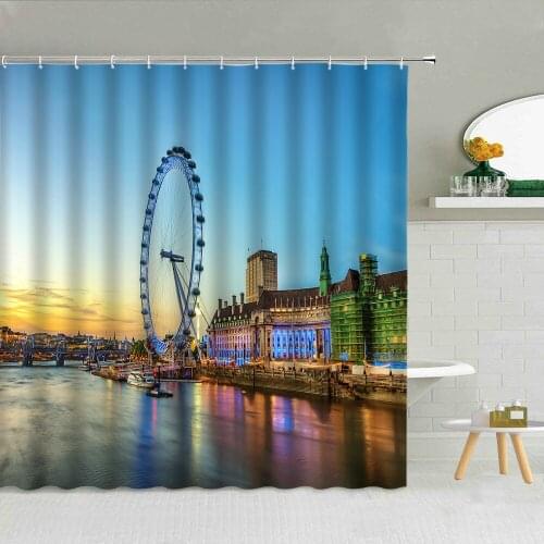 City landscape Ferris Wheel Shower Curtain Blue Sky Sunlight Park Scenery Photography Bathroom Decor Waterproof Fabric Curtains