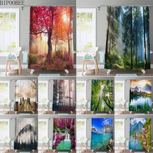 Forest Green Plants Natural Scenery 3D Bathroom Shower Curtains Waterproof Polyester Cedar Trees Landscape Fabric Bath Curtain
