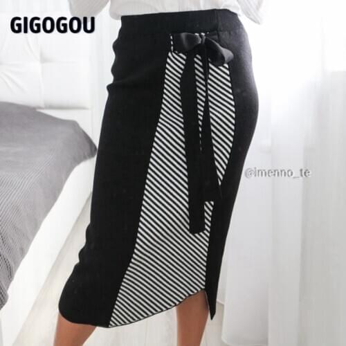 GIGOGOU Irregular Hem Jacquard Knitted Skirts High Waist Women Knot Belt Maxi Skirts Elegant Autumn Winter Pencil Sweater Skirt