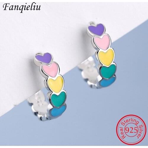 Fanqieliu Colorful Cute Heart Small Hoop Earing Valentines Day Gift Girl 925 Sterling Silver Earrings For Women FQL21292